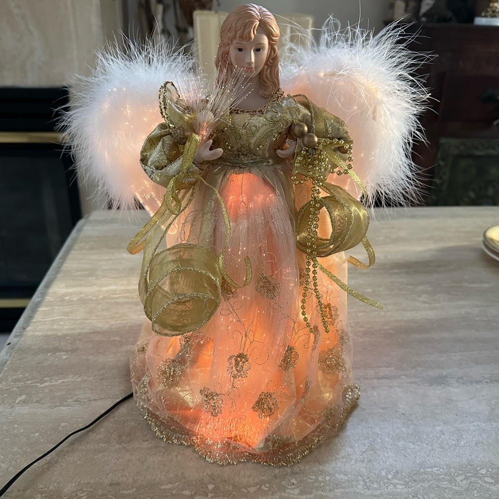 Elegant Gold Angel Fiberoptic Tree Topper Porcelain Beautiful Angelic Face 14” L